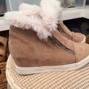 Women's Tan Suede Wedge Sneakers